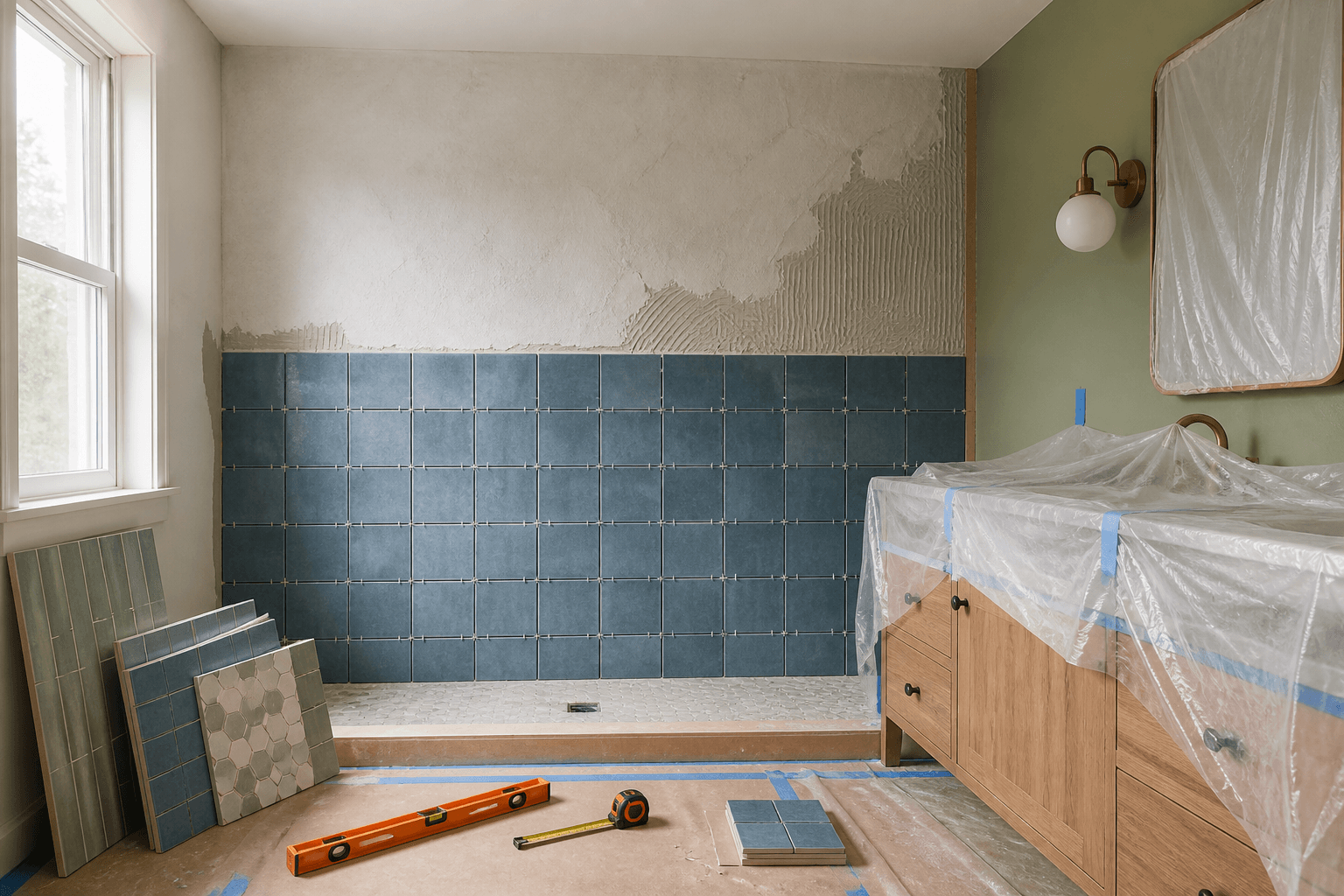 A bathroom renovation in progress with tile samples and protected surfaces