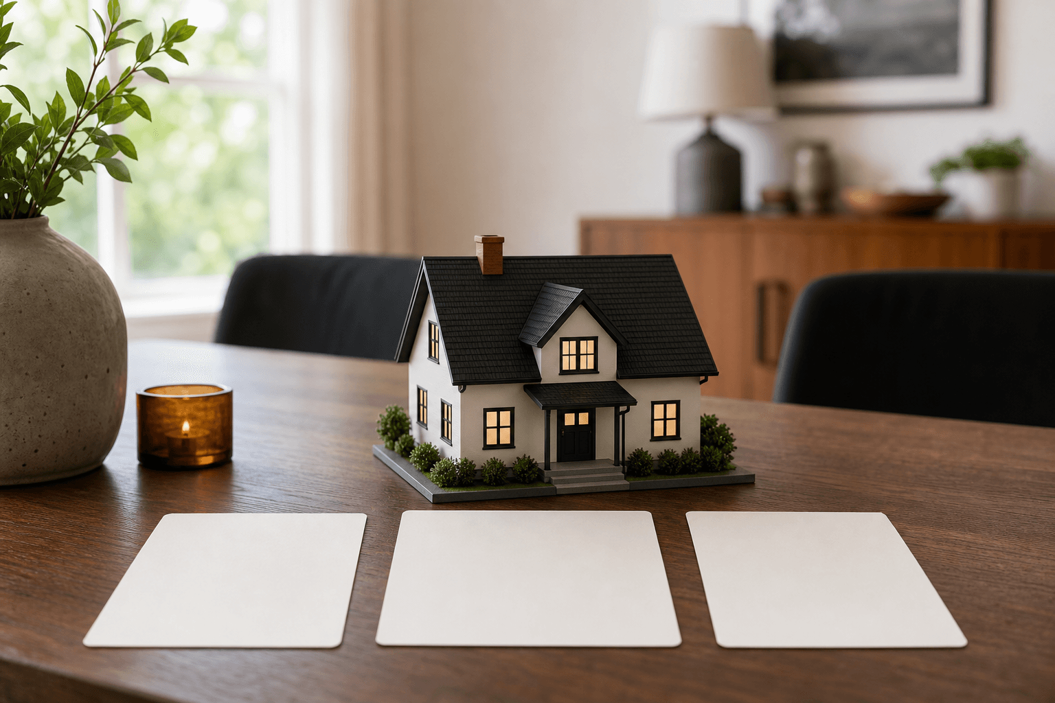 Three clearly organized home-selling option cards beside a small model house