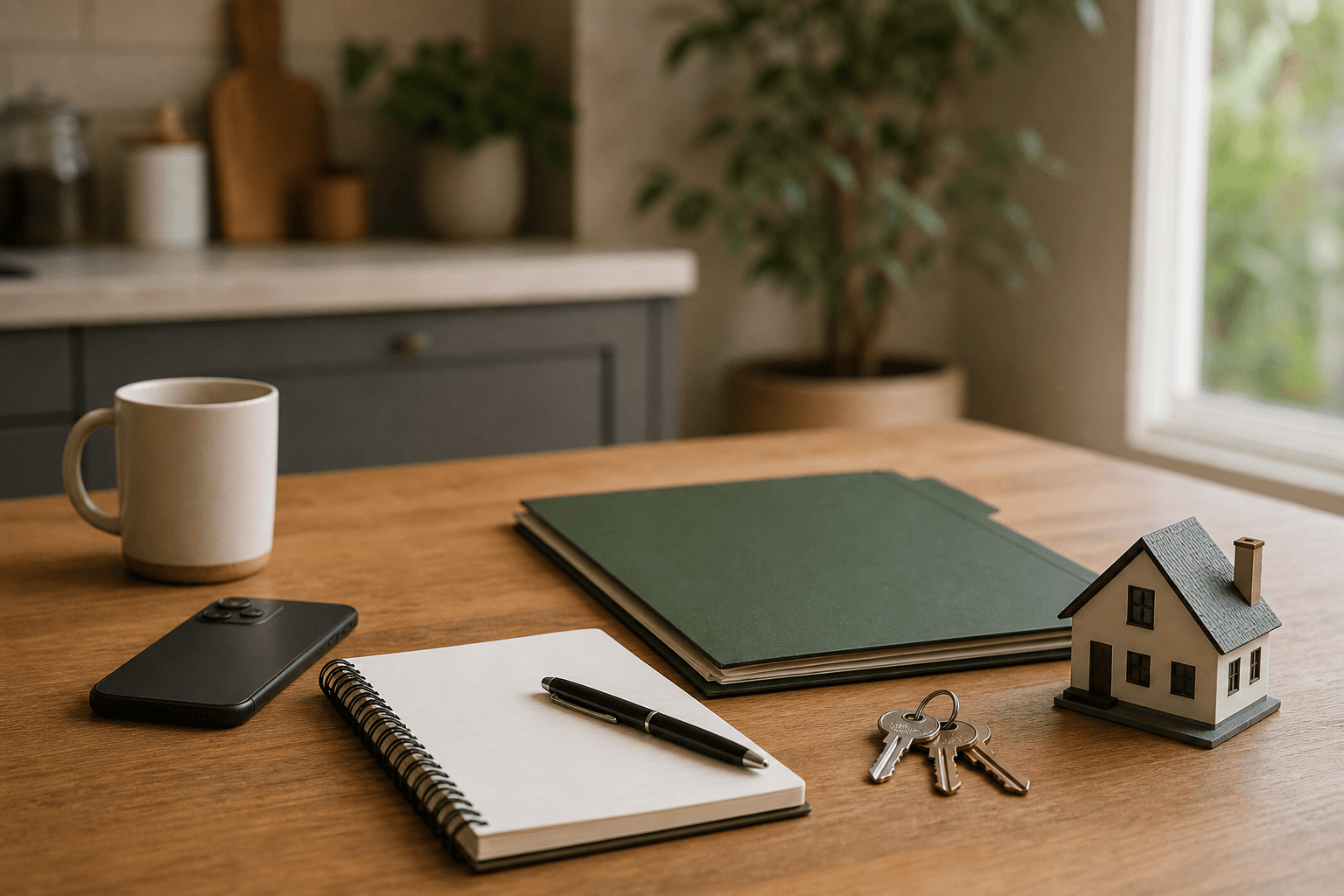 A phone, notebook, and property folder arranged on a warm wooden table