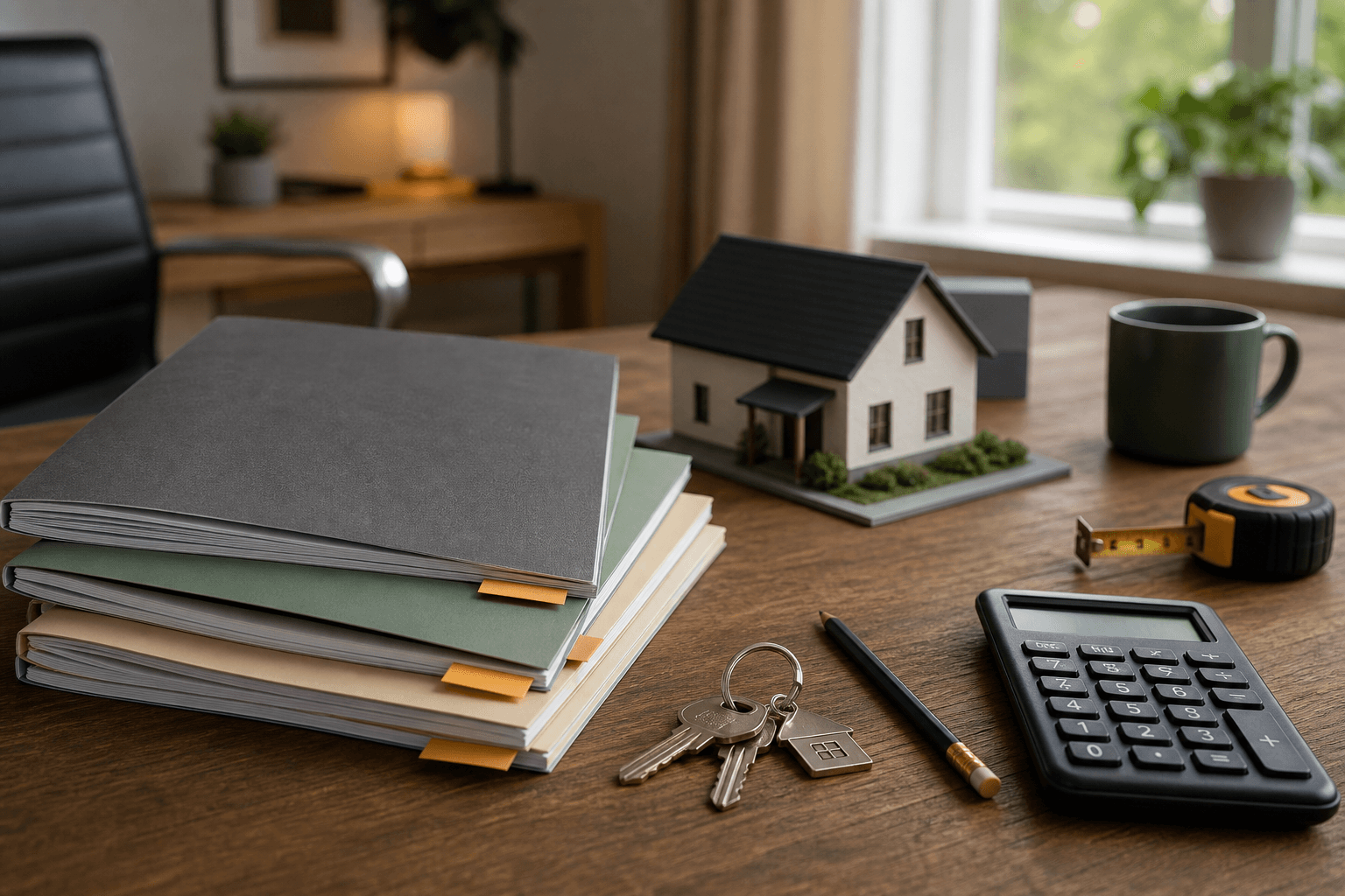 Organized homeowner guides, a calculator, and a house model on a desk