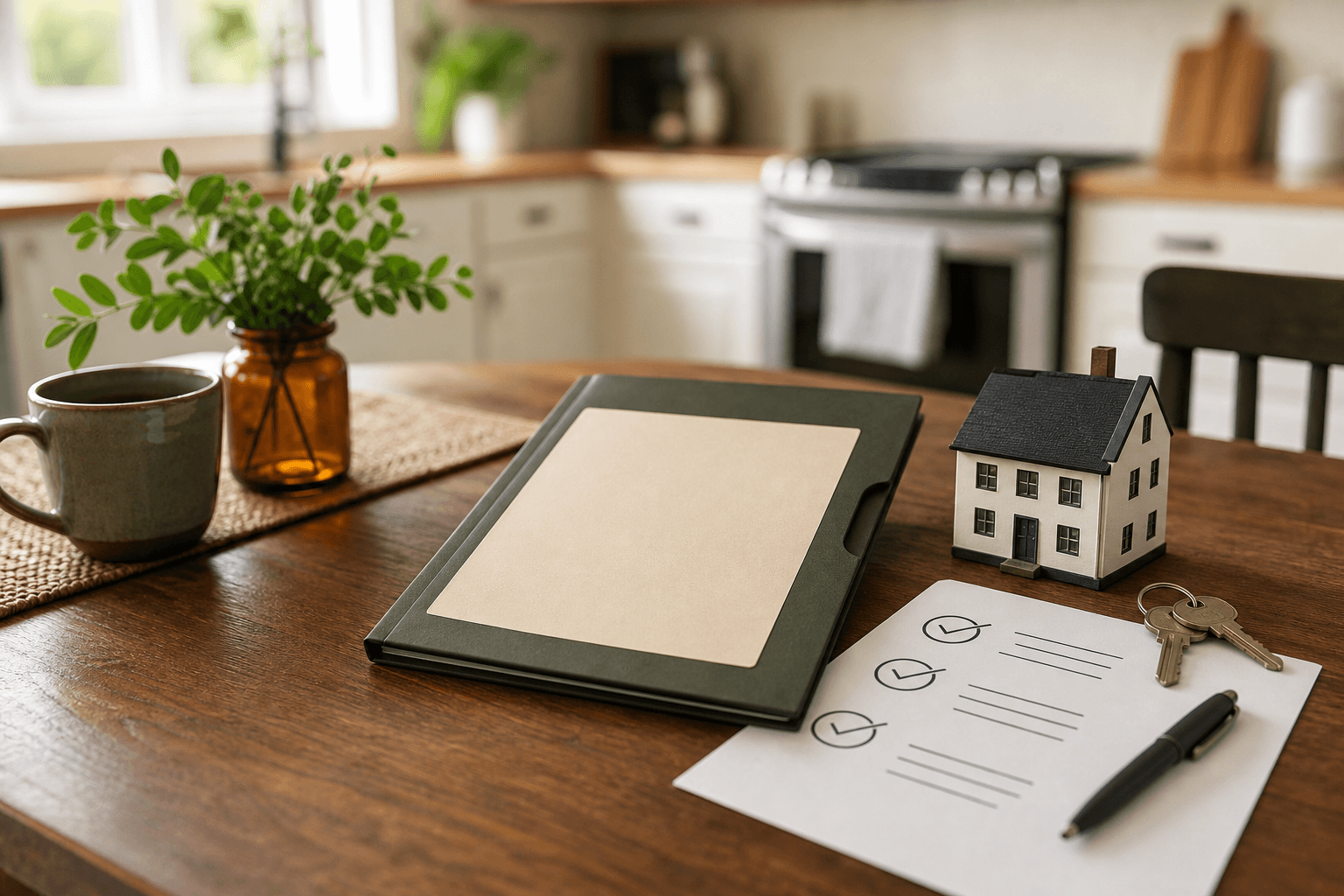 A property folder, house keys, and a simple three-step checklist on a kitchen table