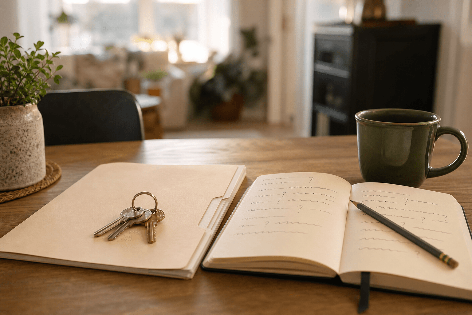 A calm kitchen-table workspace with a home folder and handwritten questions