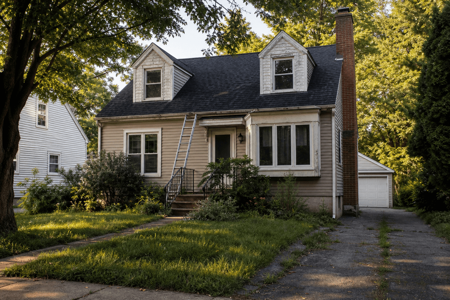 A lived-in house with visible maintenance needs in warm natural daylight