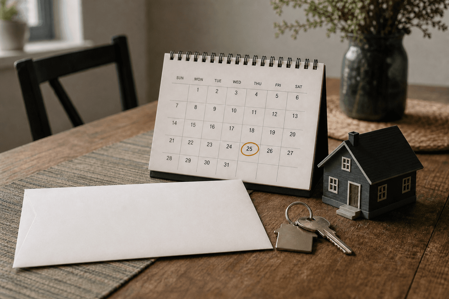 A realistic property timeline, calendar, and keys on a kitchen table