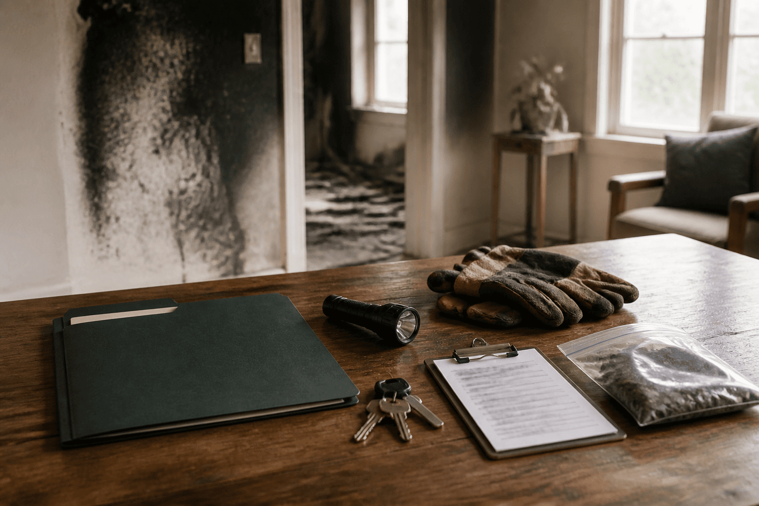 An organized property folder, flashlight, gloves, and inspection materials in a smoke-affected home