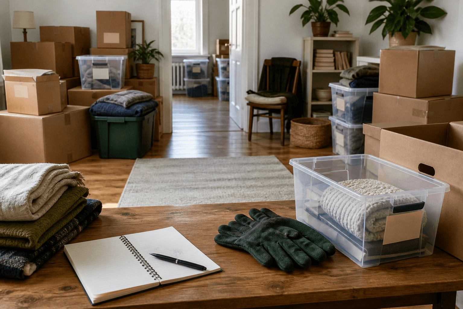 Boxes, storage bins, folded belongings, and cleanup-planning materials arranged around a clear path