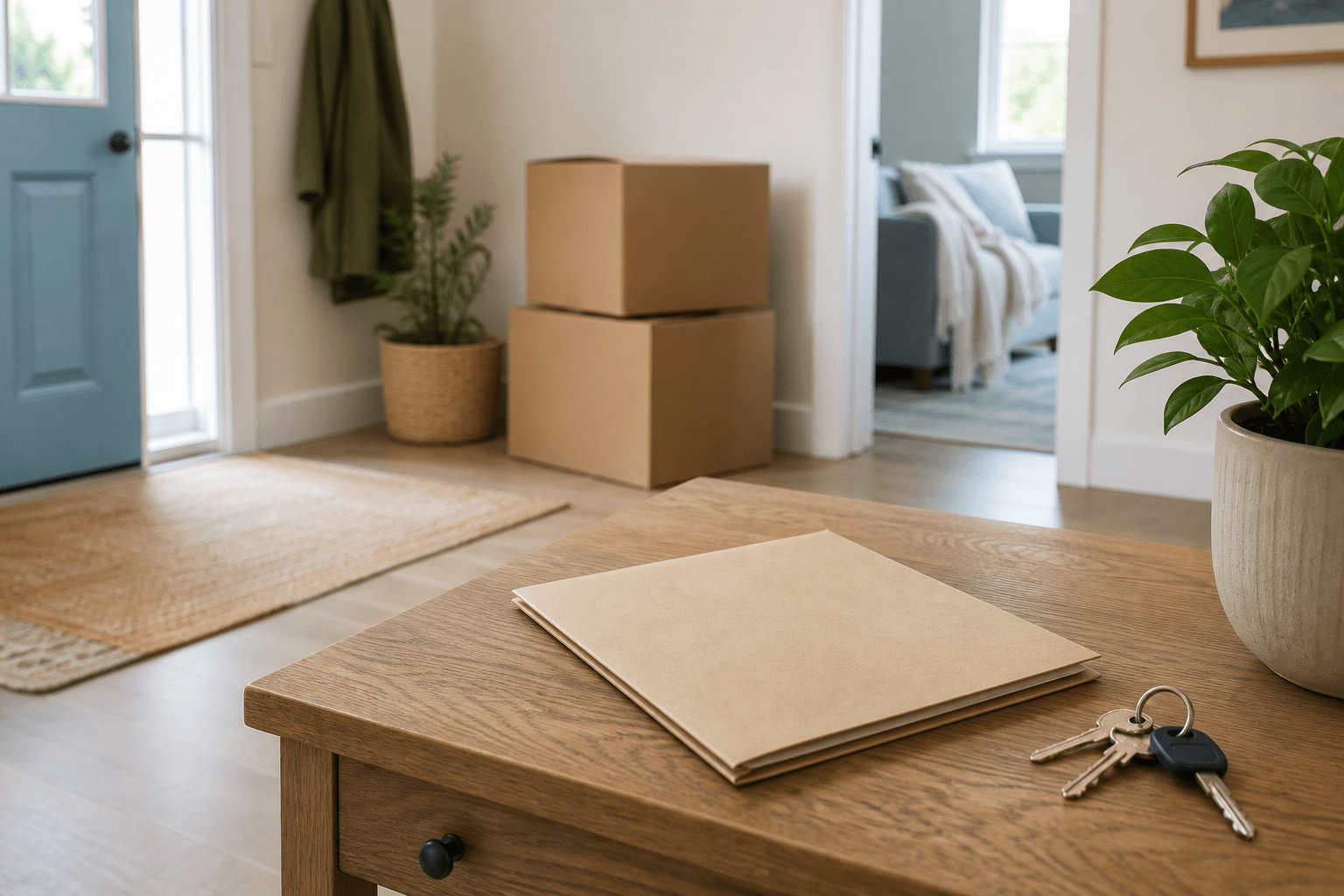 A well-used rental entryway with keys, a blank lease folder, and moving boxes