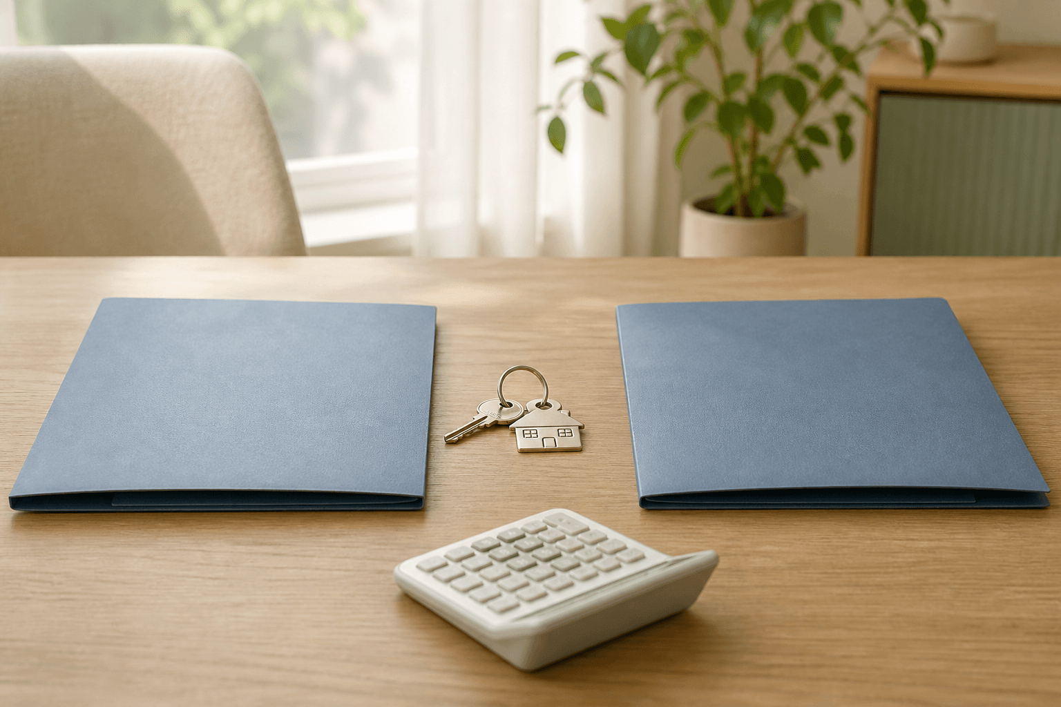 Two organized document folders and house keys on a neutral table