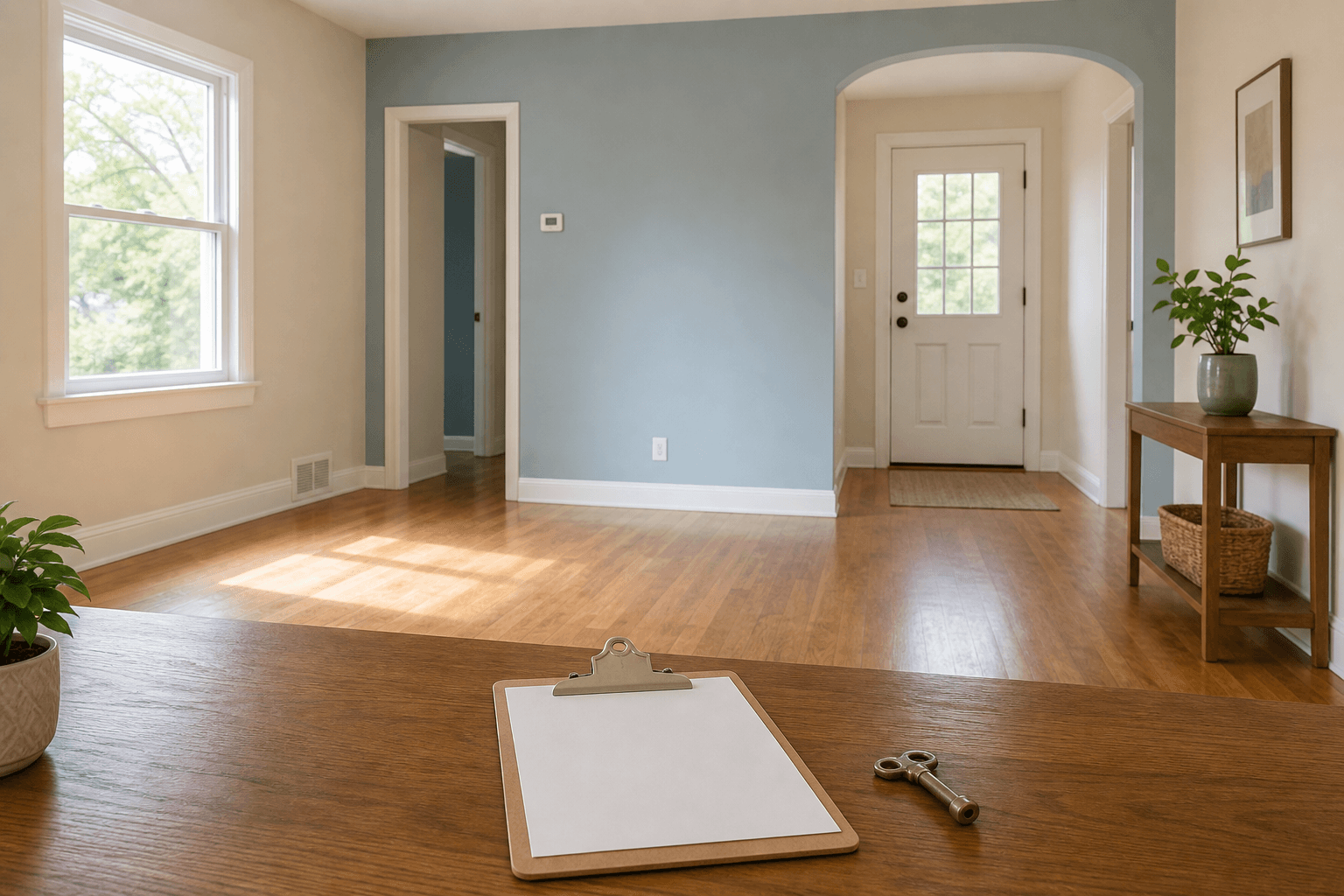 A clean but empty residential living room lit by afternoon sun